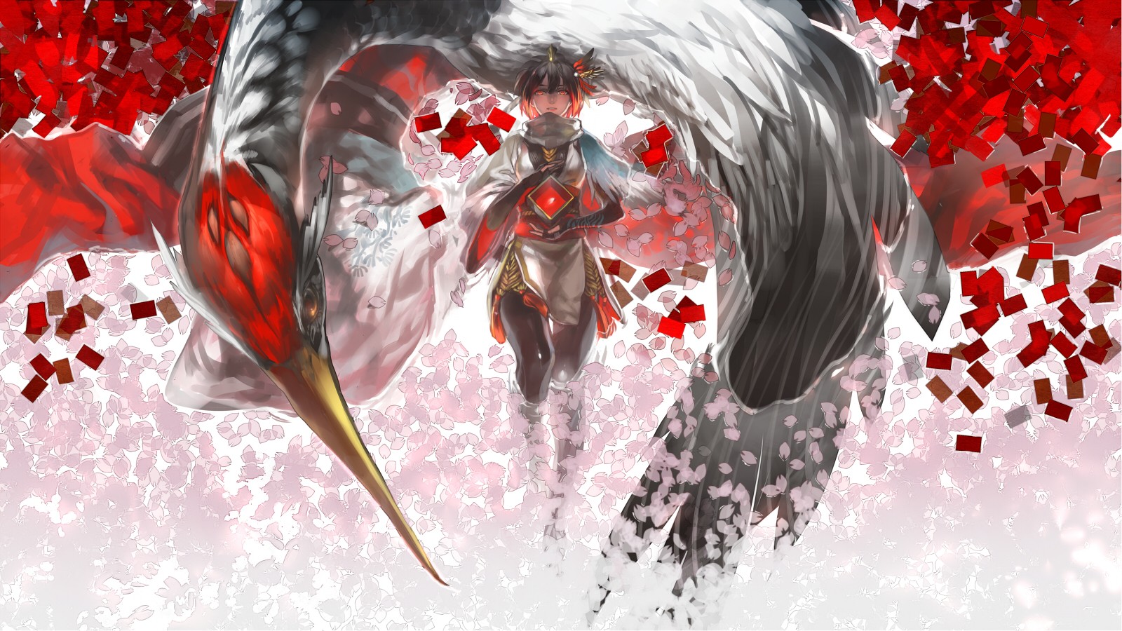 Anime girl with crane and cherry blossoms HD Wallpaper