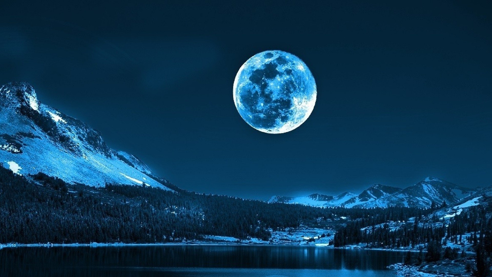 Blue Moon Over Mountains and Lake HD Wallpaper