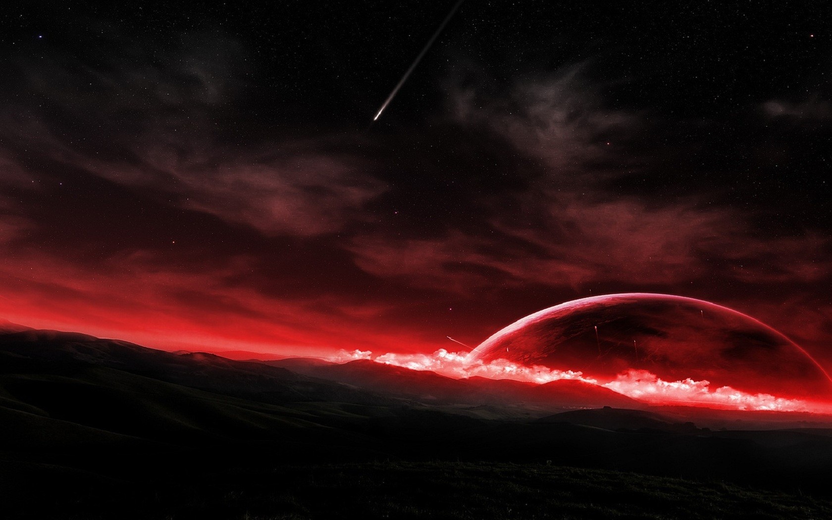 Red planet and shooting star over dark landscape HD Wallpaper