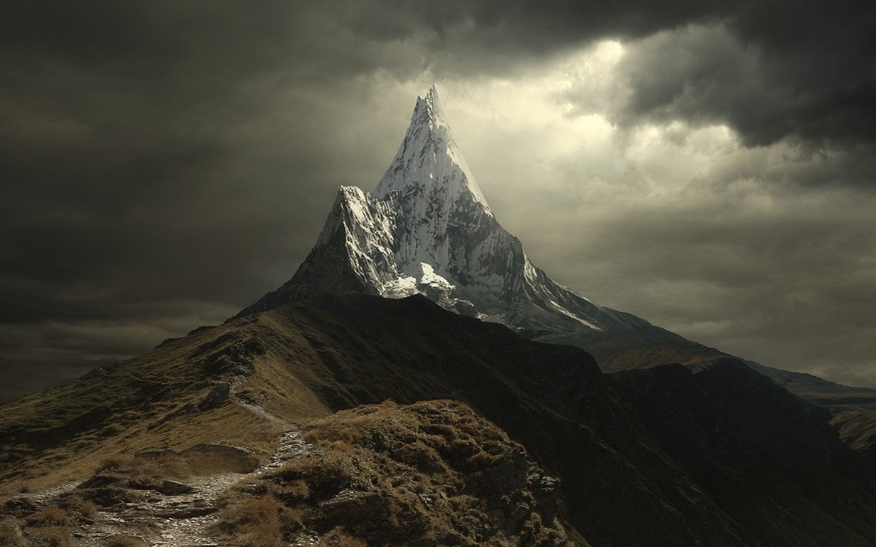 Snowy peak mountain landscape with a path HD Wallpaper