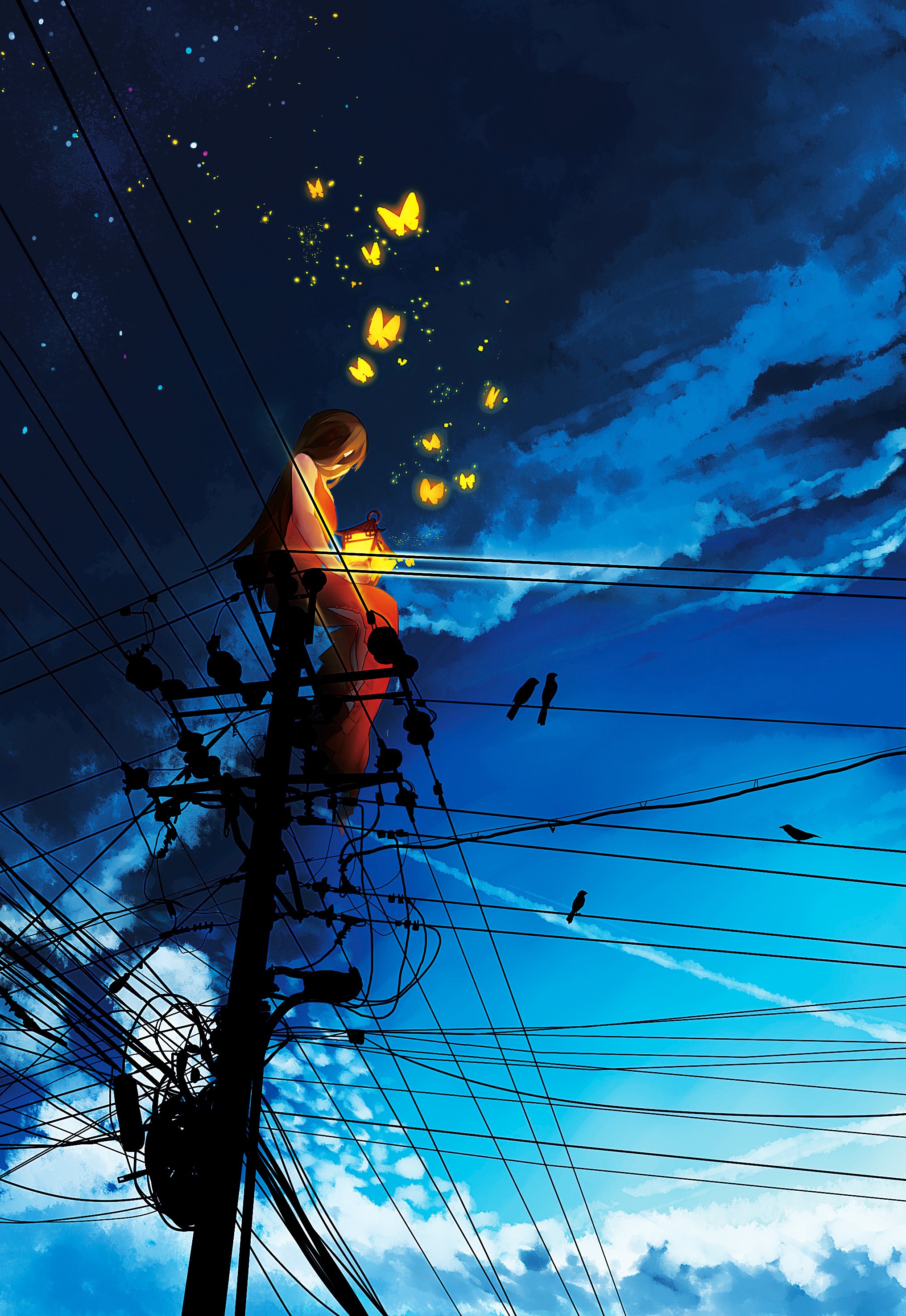 Girl with lantern and butterflies on power lines HD Wallpaper