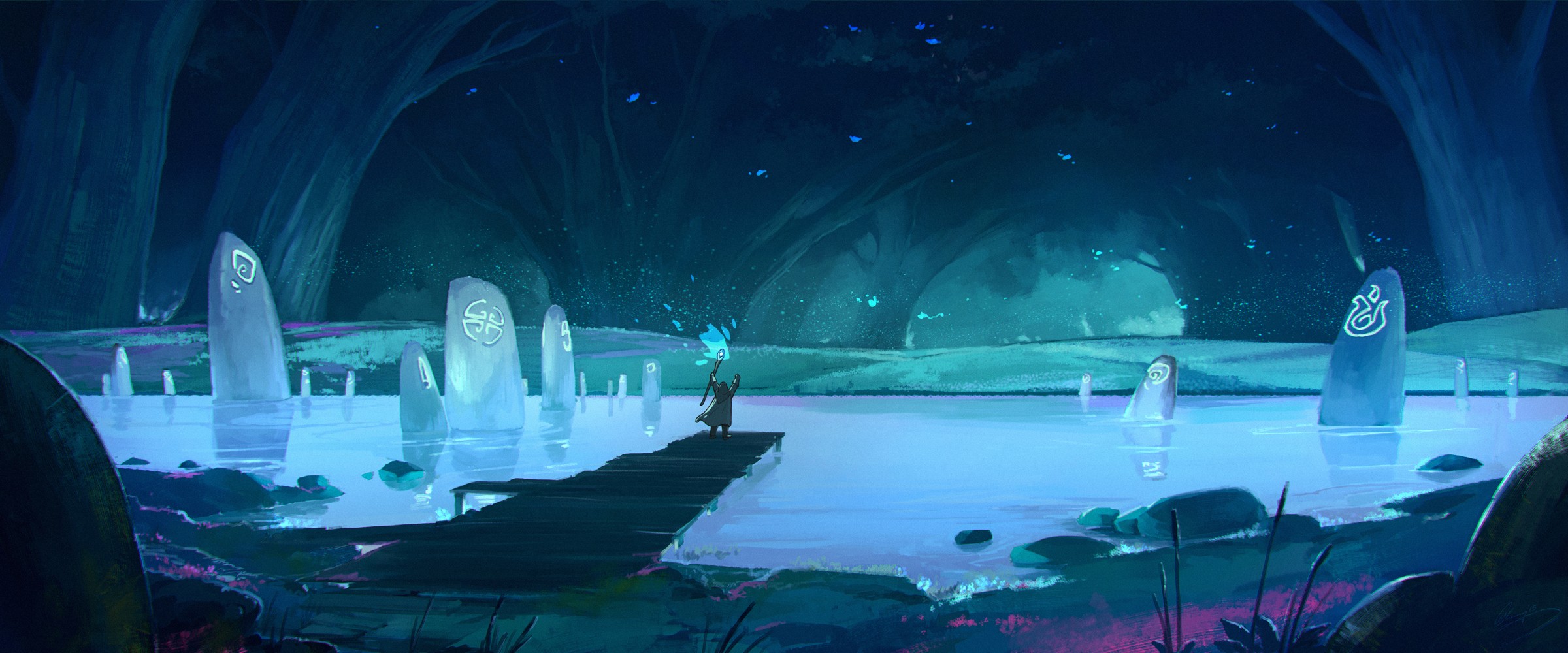 Fantasy art of a wizard by a pond with standing stones HD Wallpaper