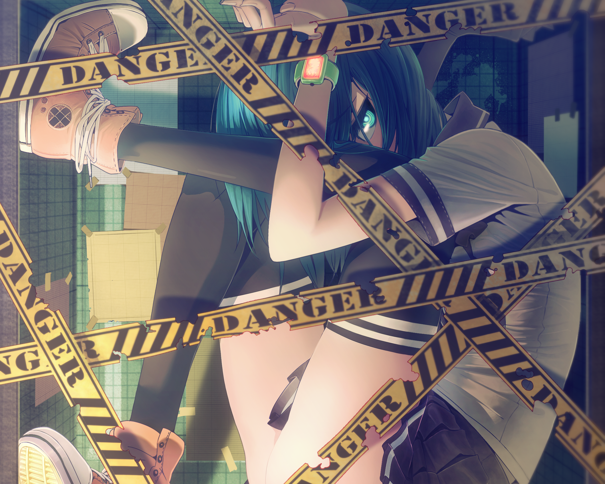 Girl with blue eyes behind danger tape HD Wallpaper