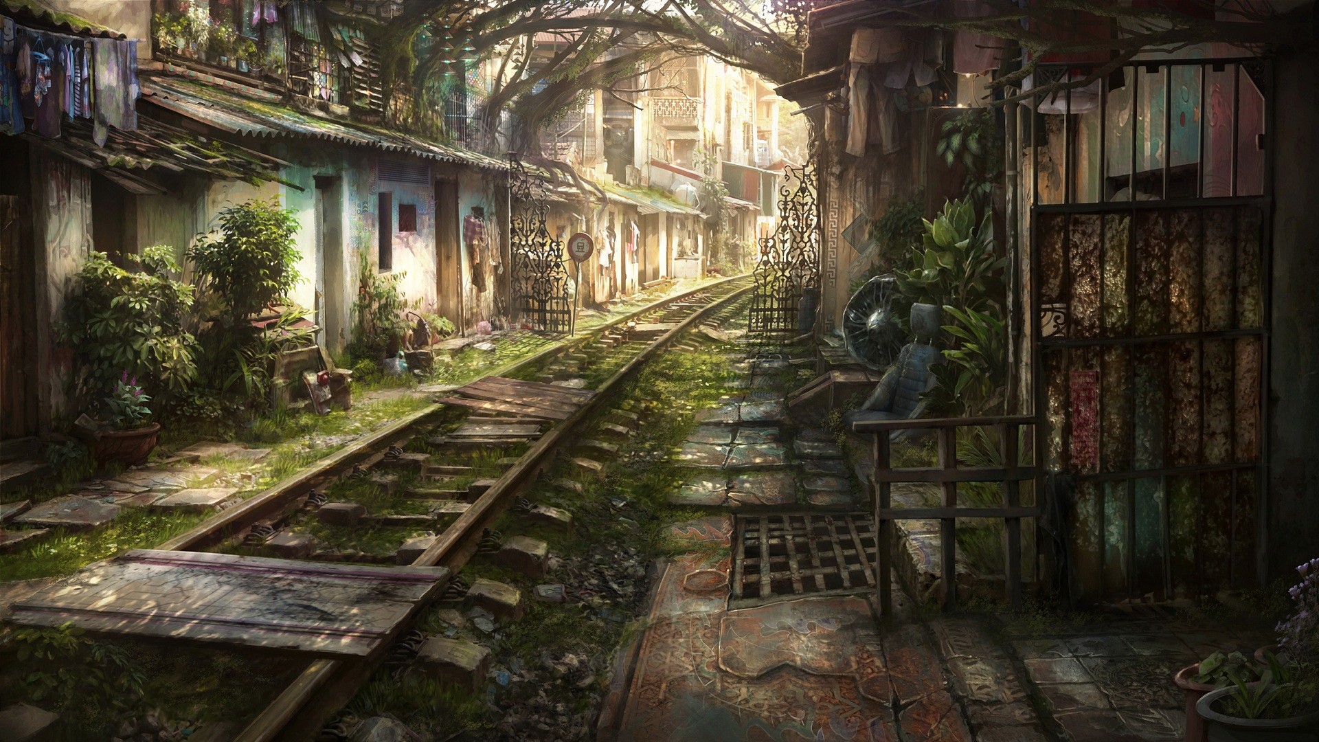 Abandoned railway tracks overgrown with grass and flowers HD Wallpaper
