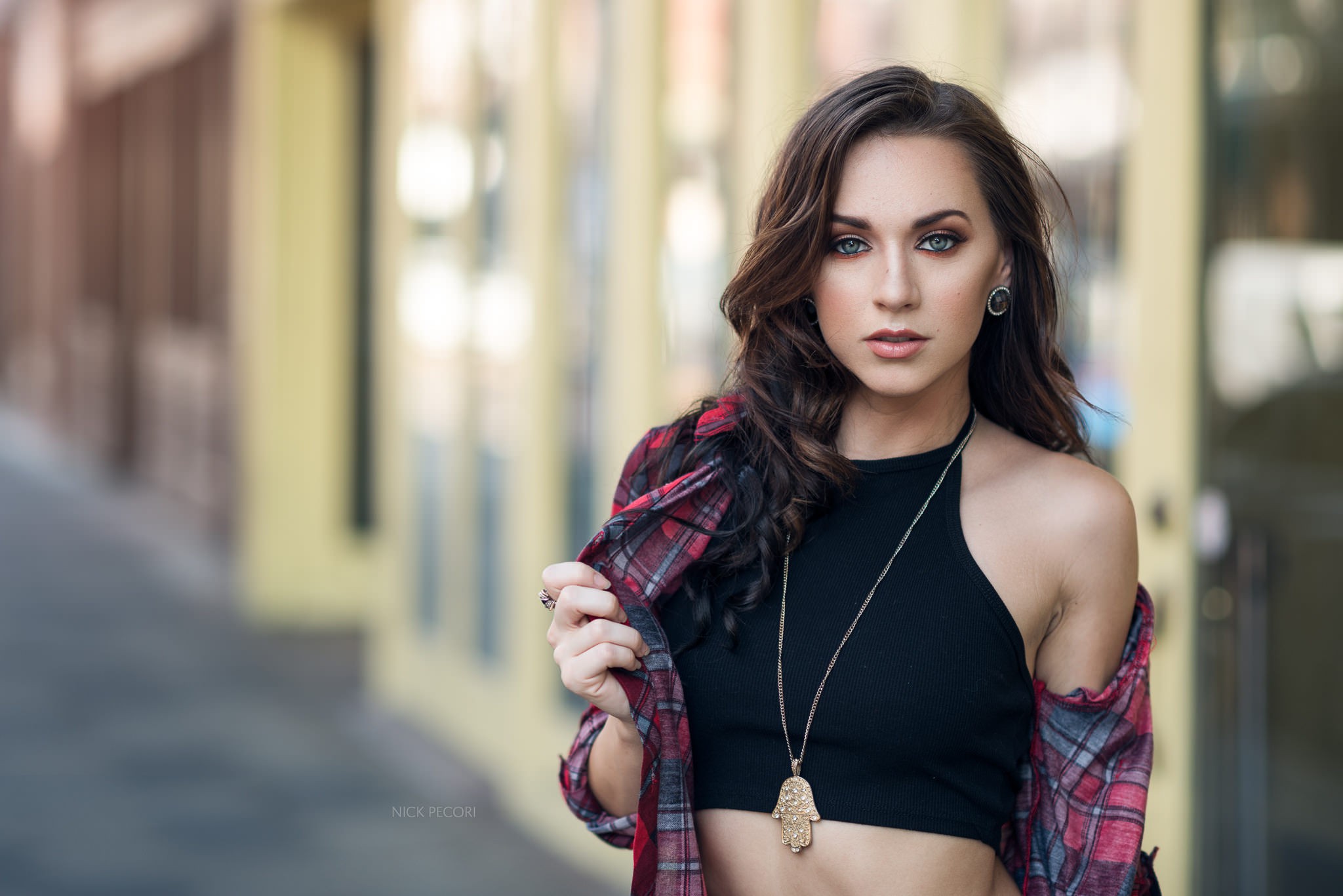 Woman with blue eyes and plaid shirt HD Wallpaper