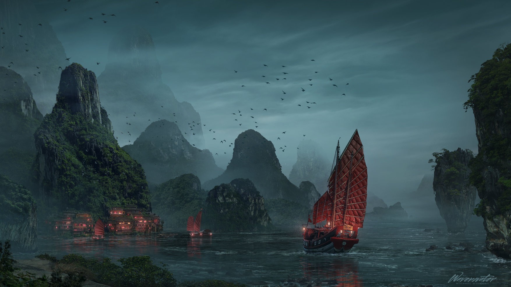 Junks sailing through a misty mountain landscape HD Wallpaper