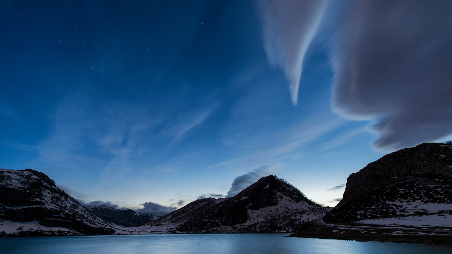 Mountain lake landscape at night with stars and clouds HD Wallpaper