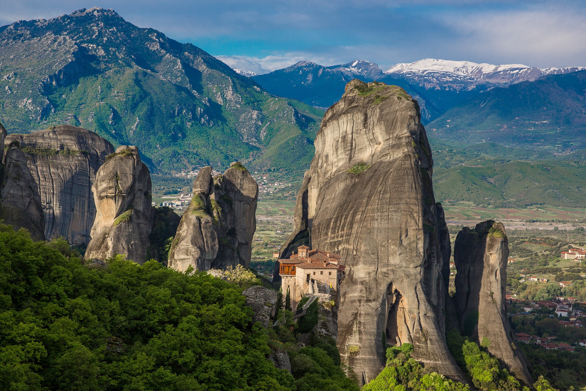 Meteora monasteries perched on rock formations in Greece HD Wallpaper