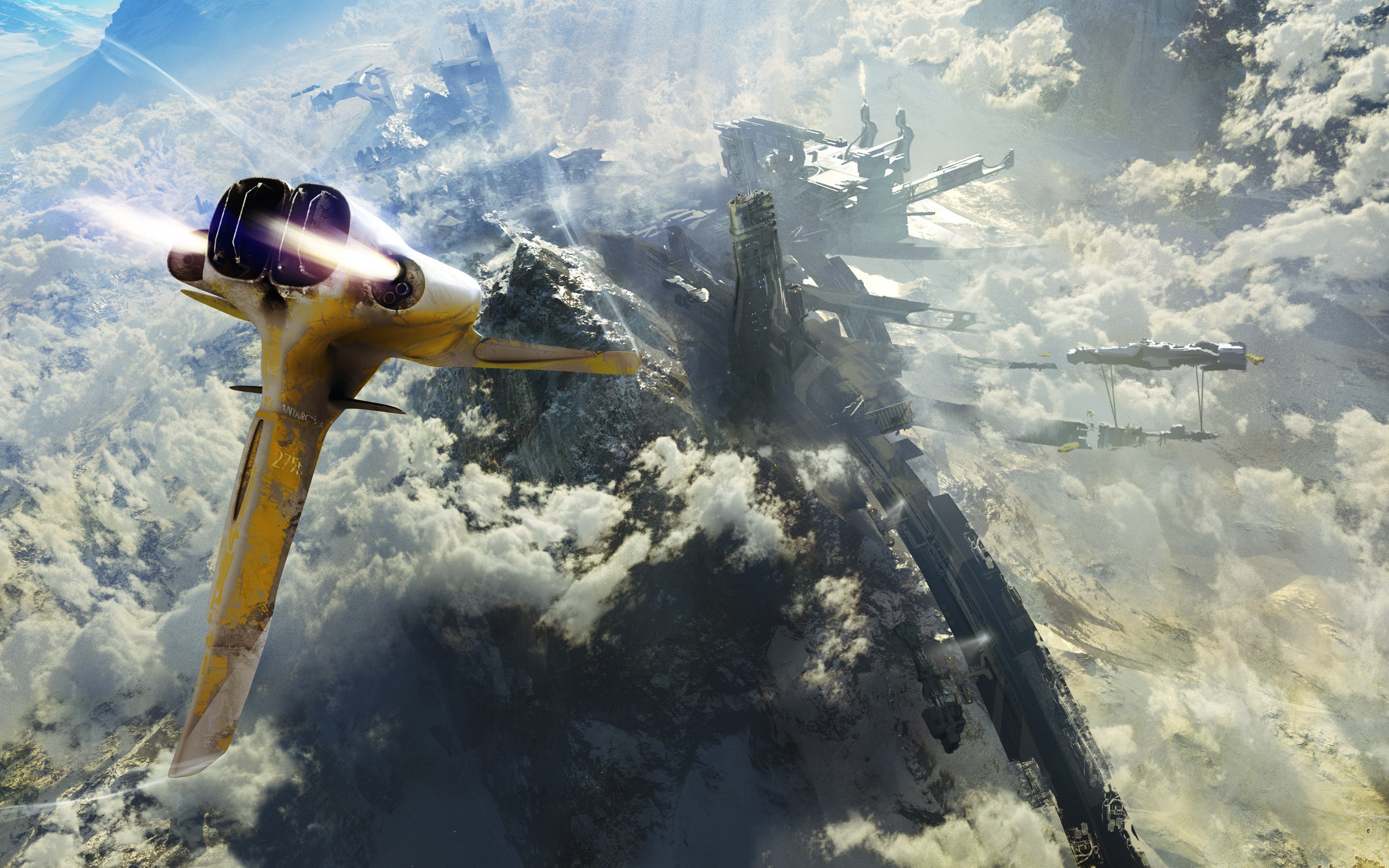 Science fiction artwork of spaceships in clouds HD Wallpaper
