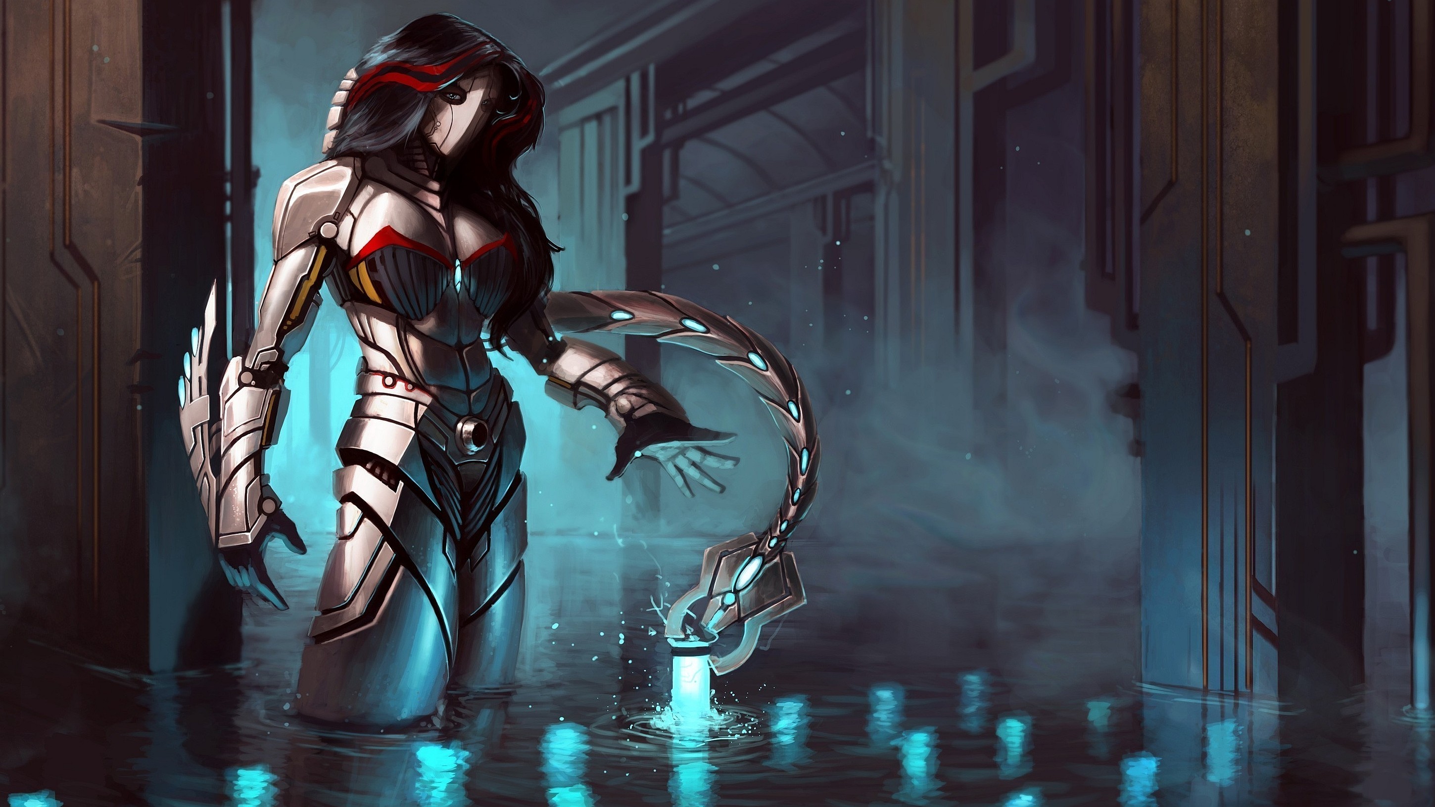 Cyborg with mechanical tail in a flooded chamber HD Wallpaper