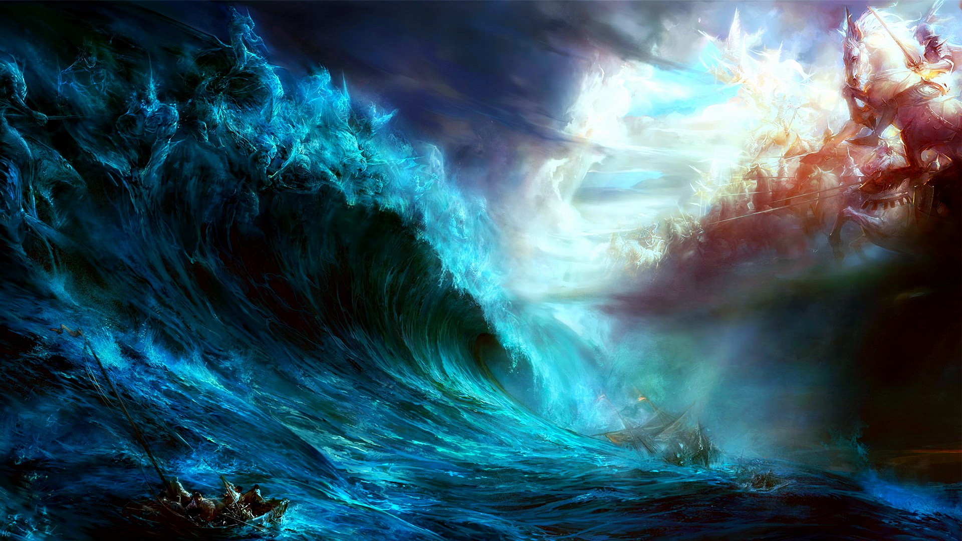 Artwork of a massive wave and ships in a storm HD Wallpaper