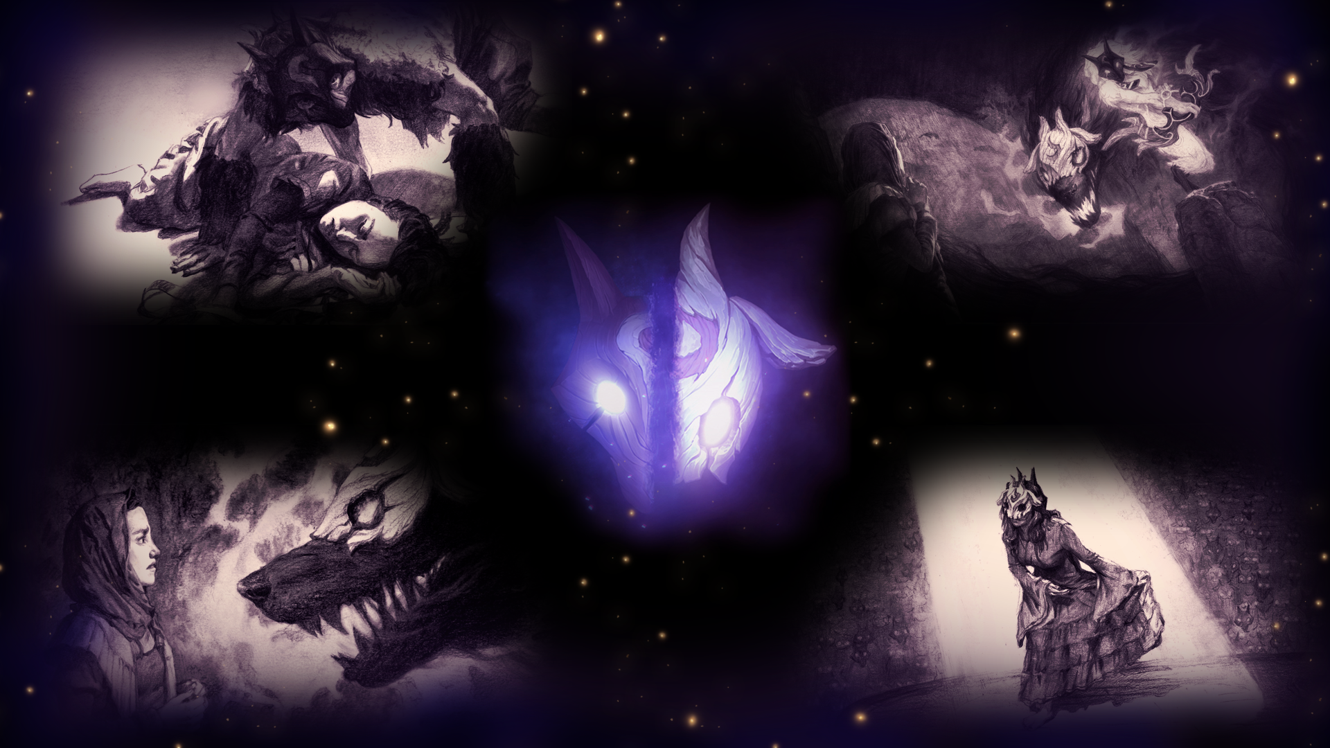 League of Legends Kindred artwork with multiple scenes HD Wallpaper