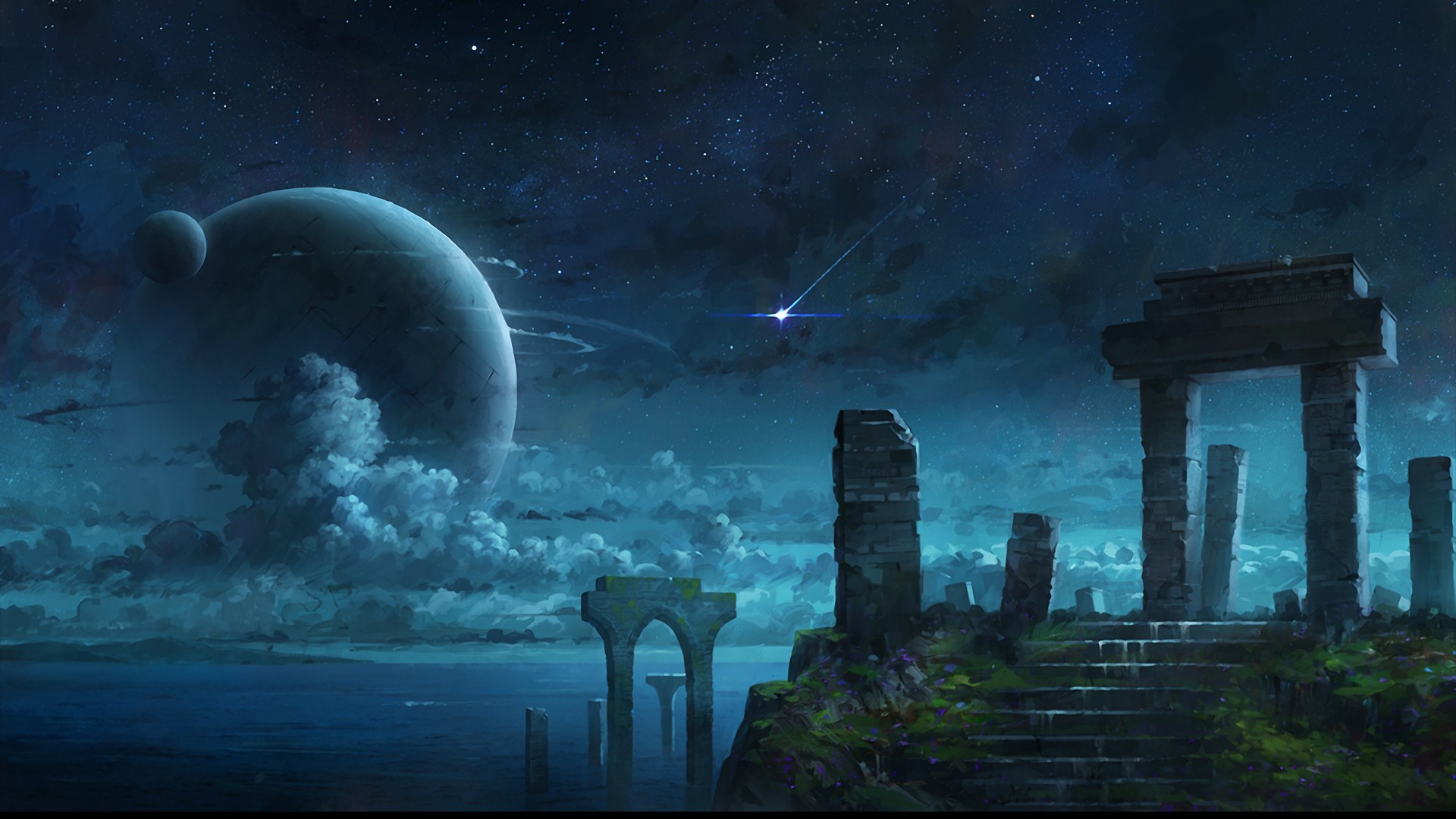 Anime artwork of alien planets and ruins HD Wallpaper