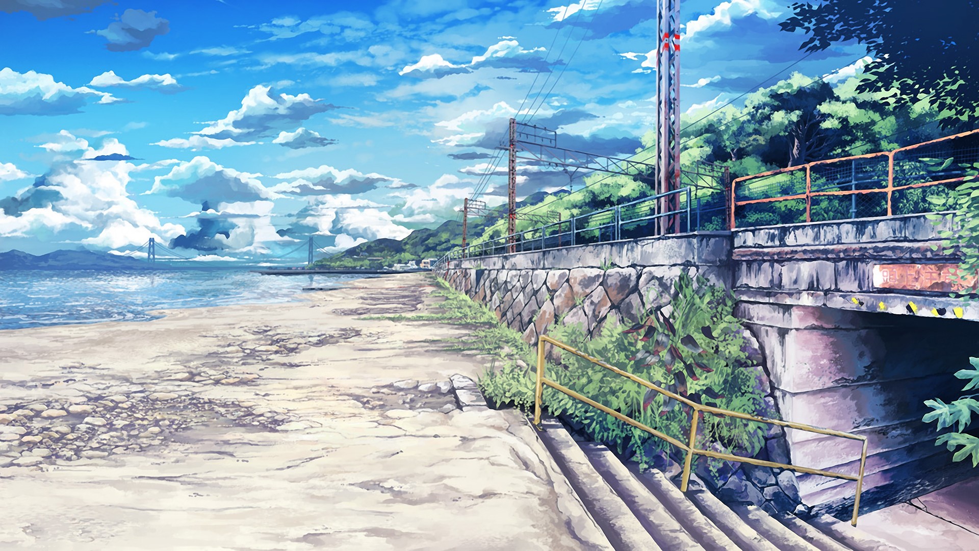 Anime beach with a bridge and train tracks HD Wallpaper