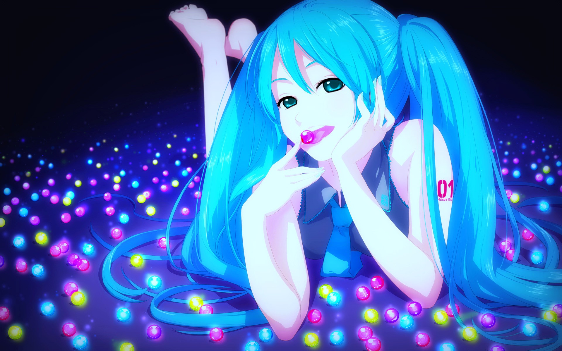 Hatsune Miku with a lollipop surrounded by colorful lights HD Wallpaper