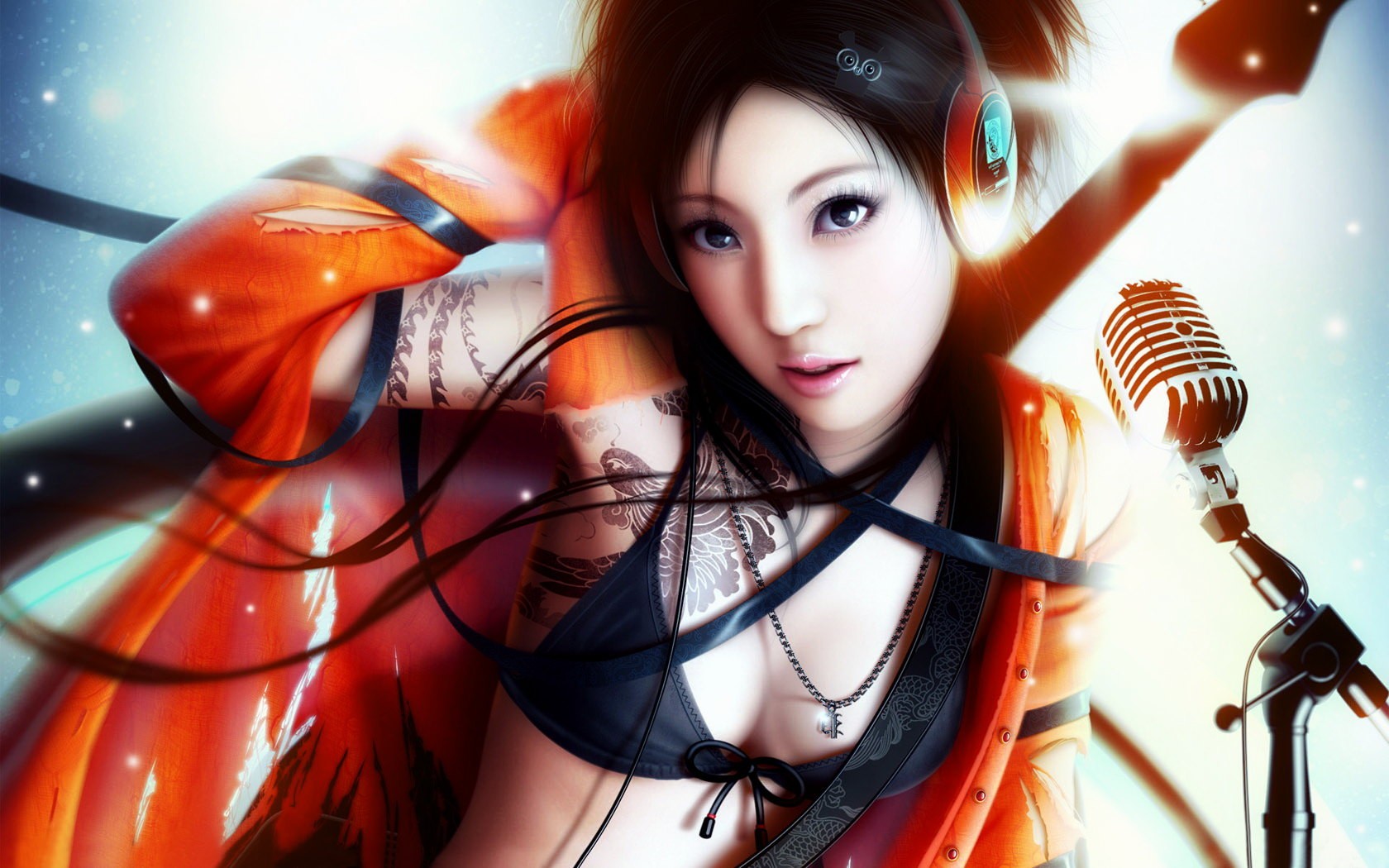 Anime girl with headphones and microphone HD Wallpaper