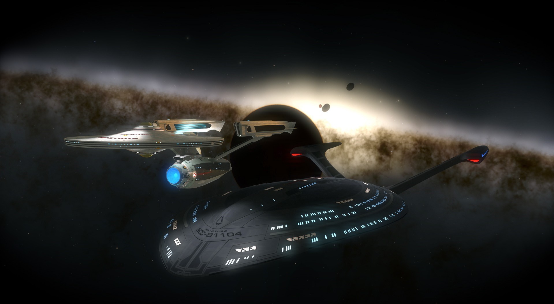 Star Trek ships near a black hole and galaxy HD Wallpaper