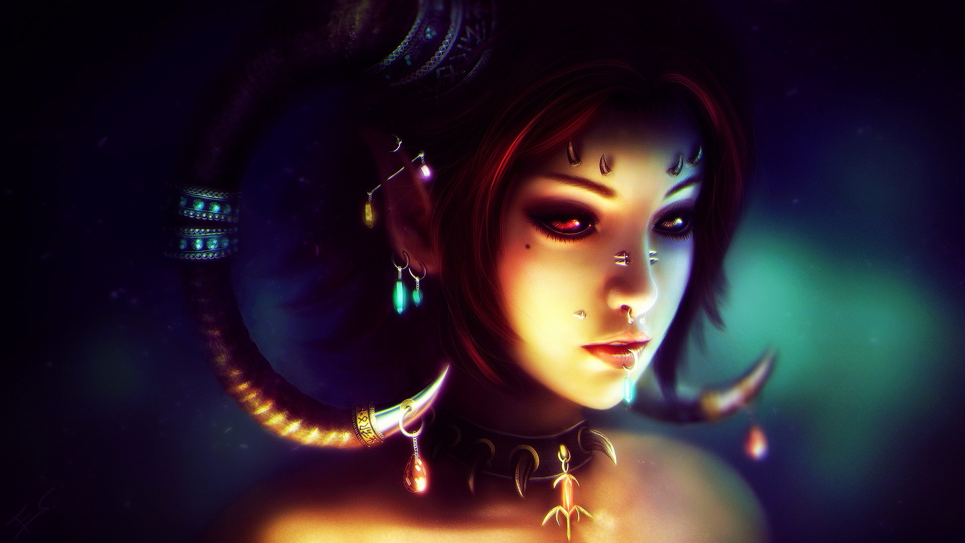 CGI portrait of a demon woman with horns and piercings HD Wallpaper