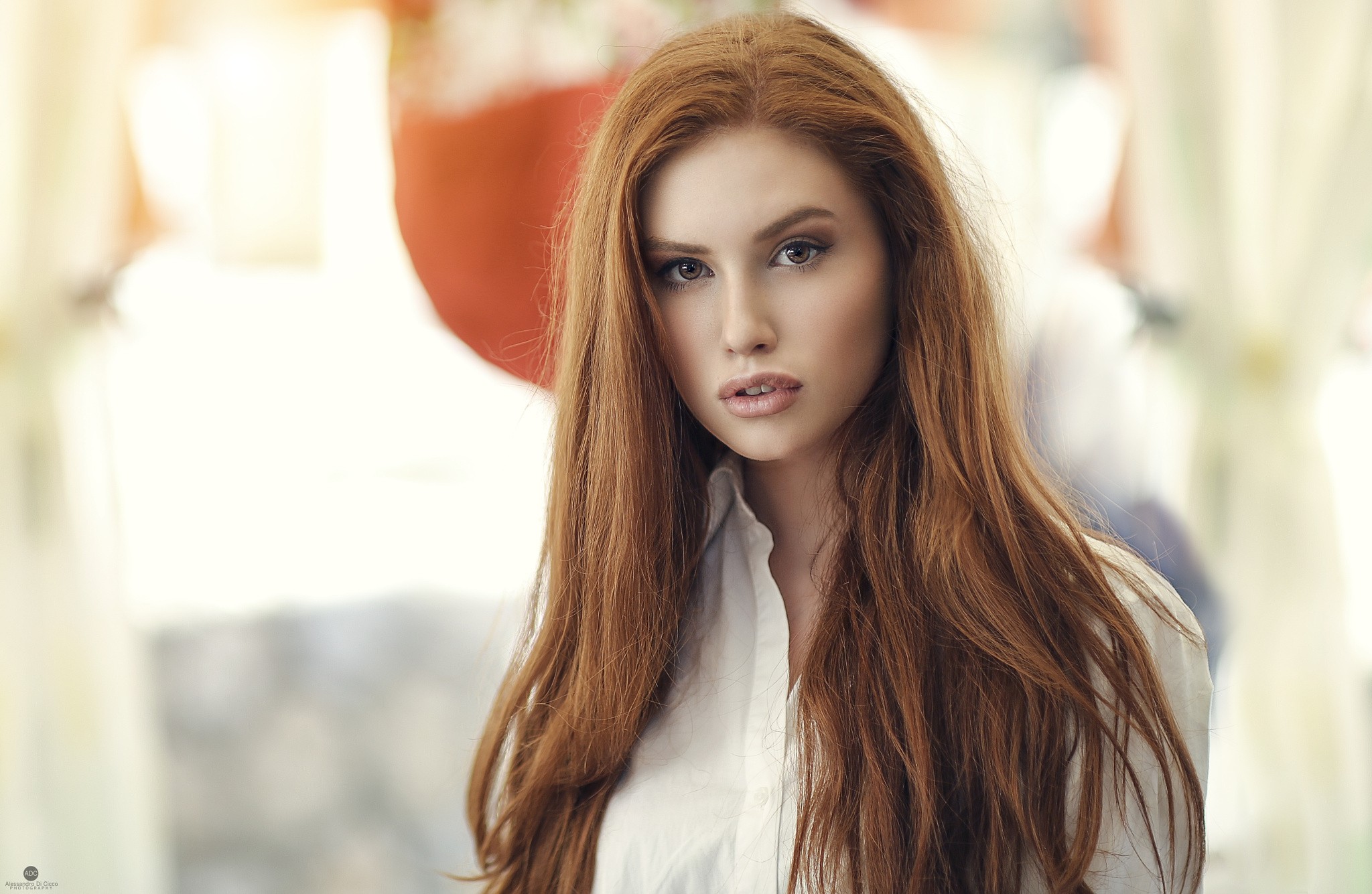 Redhead woman with long hair in a white shirt HD Wallpaper