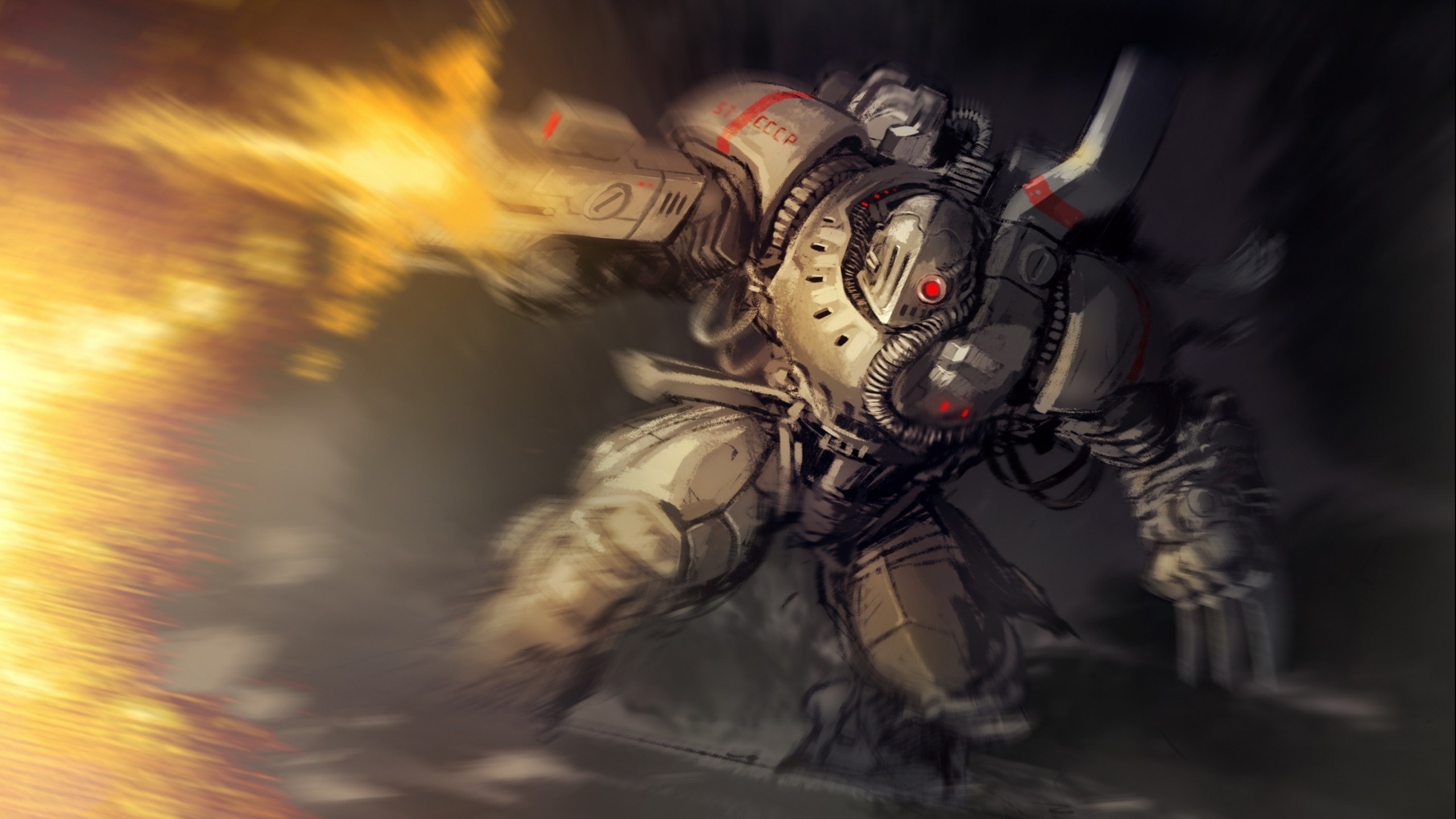 Artwork of a Soviet mech firing a weapon HD Wallpaper