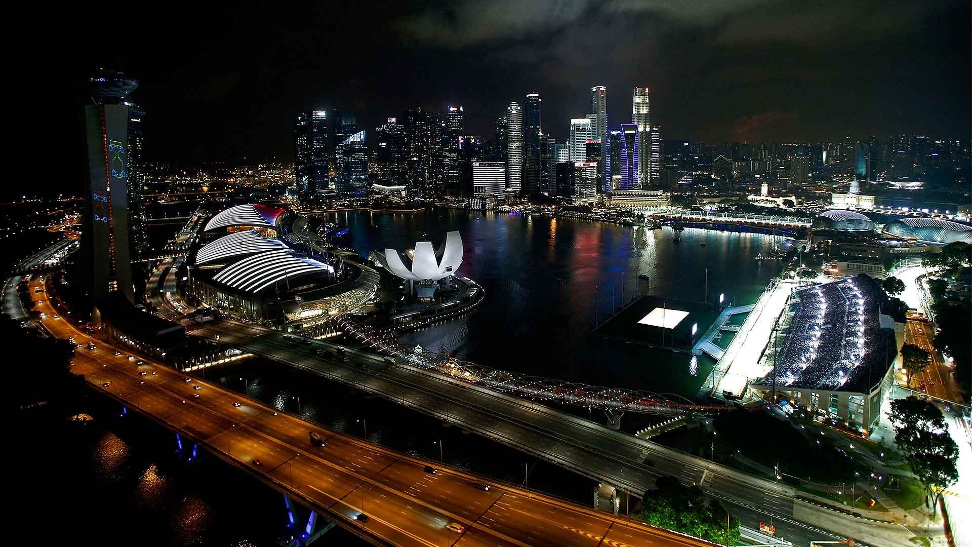 Singapore cityscape at night with Marina Bay Sands and highway HD Wallpaper