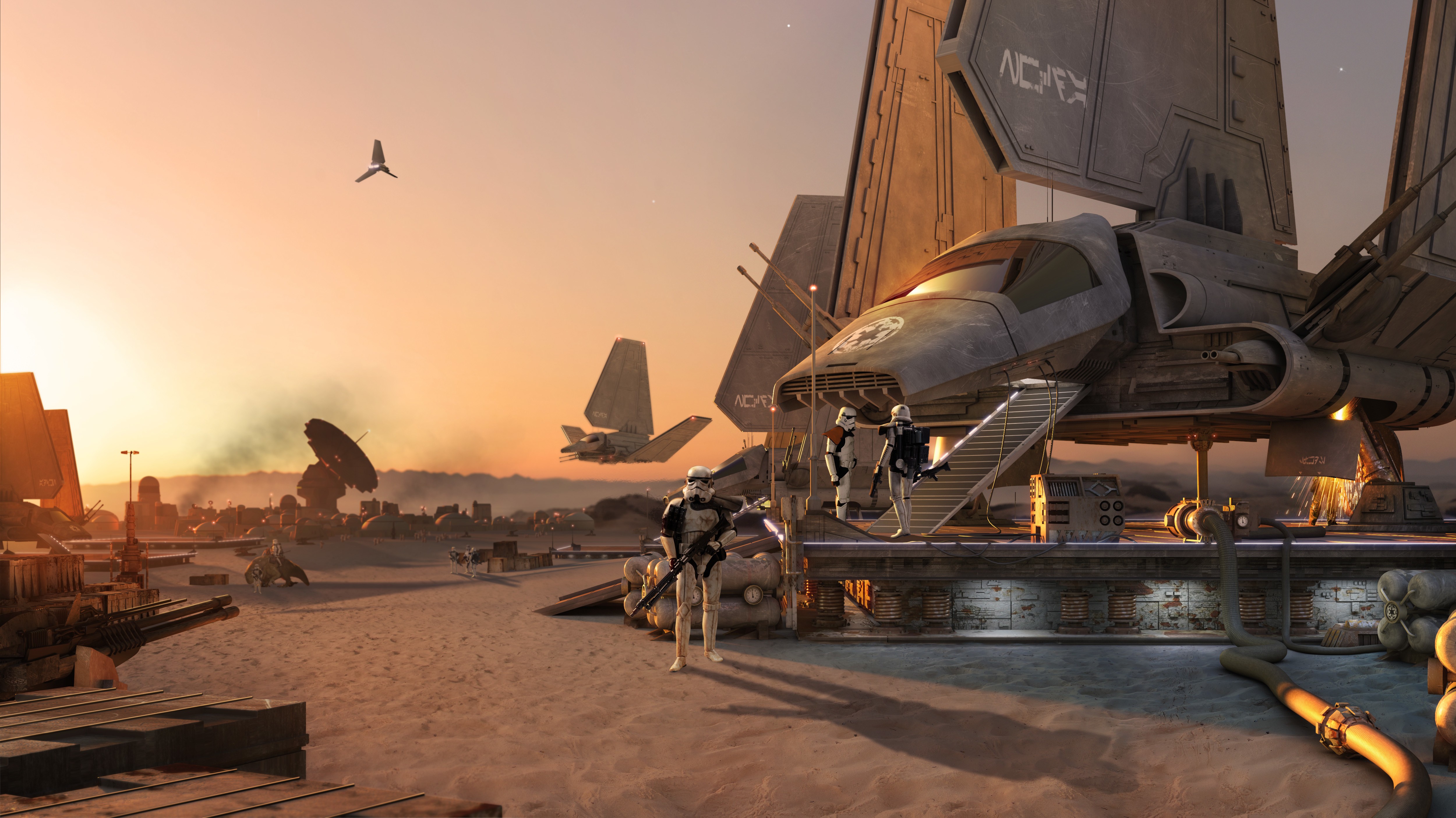 Star Wars stormtroopers on a desert planet with a shuttle HD Wallpaper