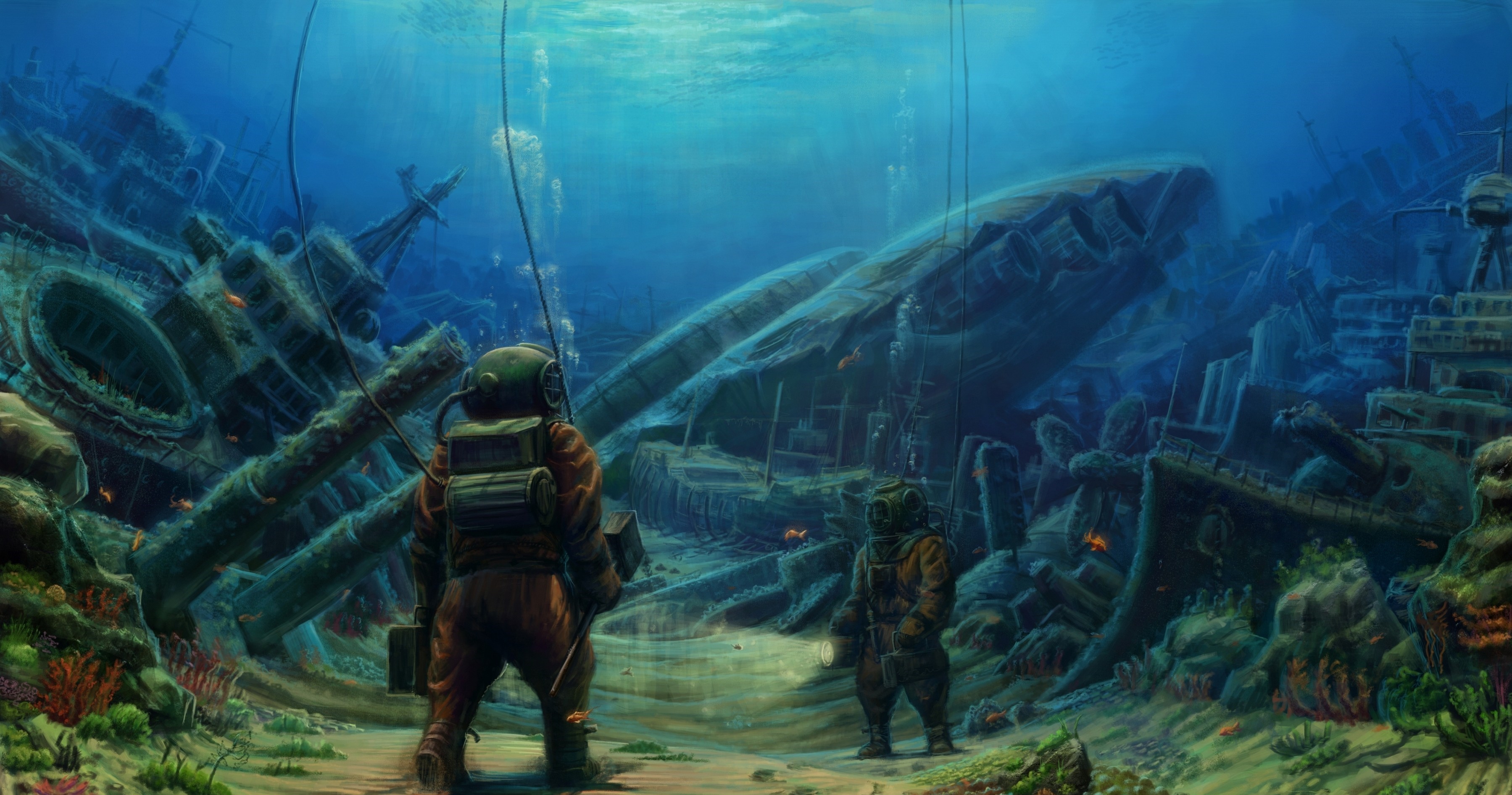 Two divers explore a sunken shipwreck graveyard HD Wallpaper