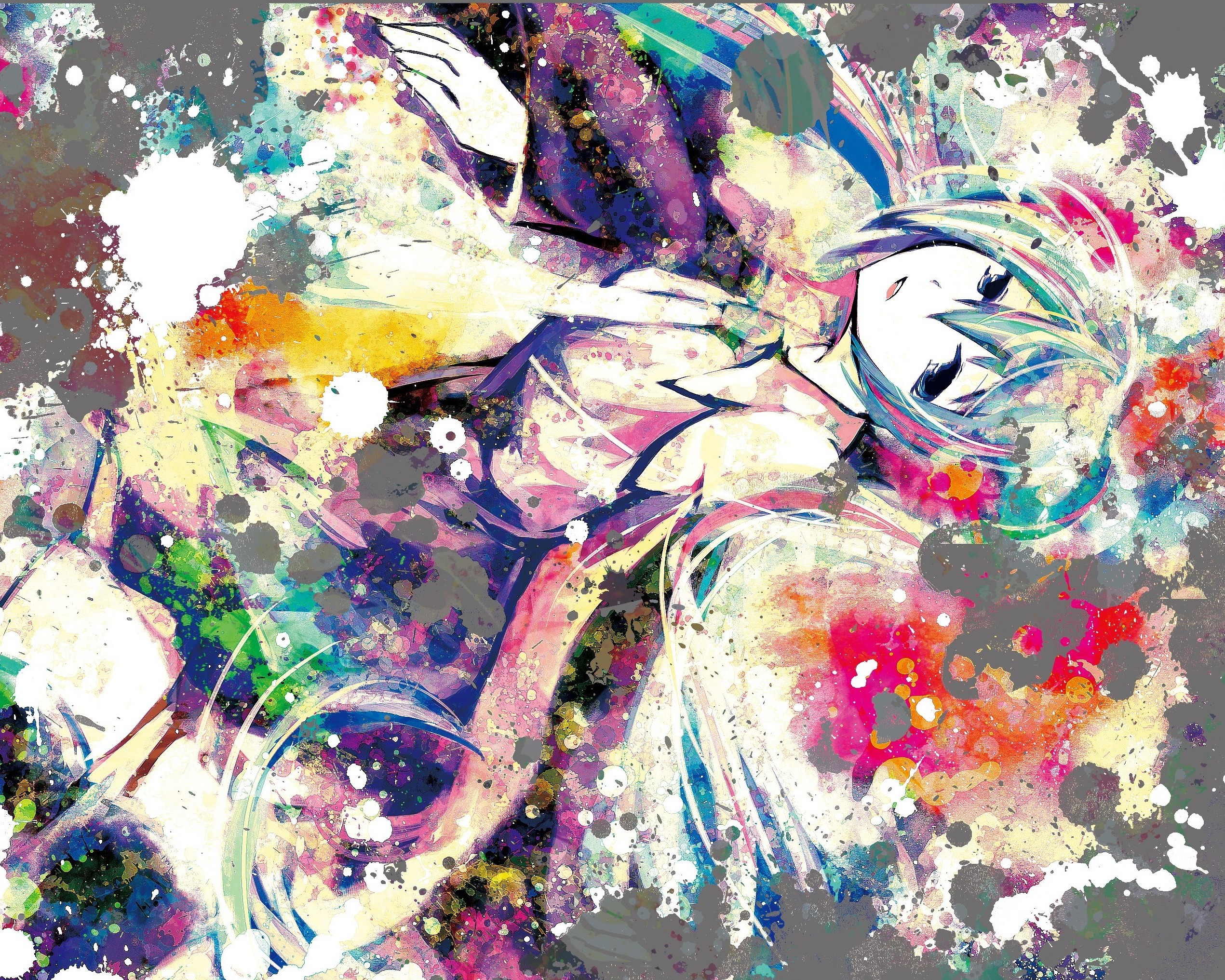 Hatsune Miku in Abstract Colorful Splatter Art HD Wallpaper