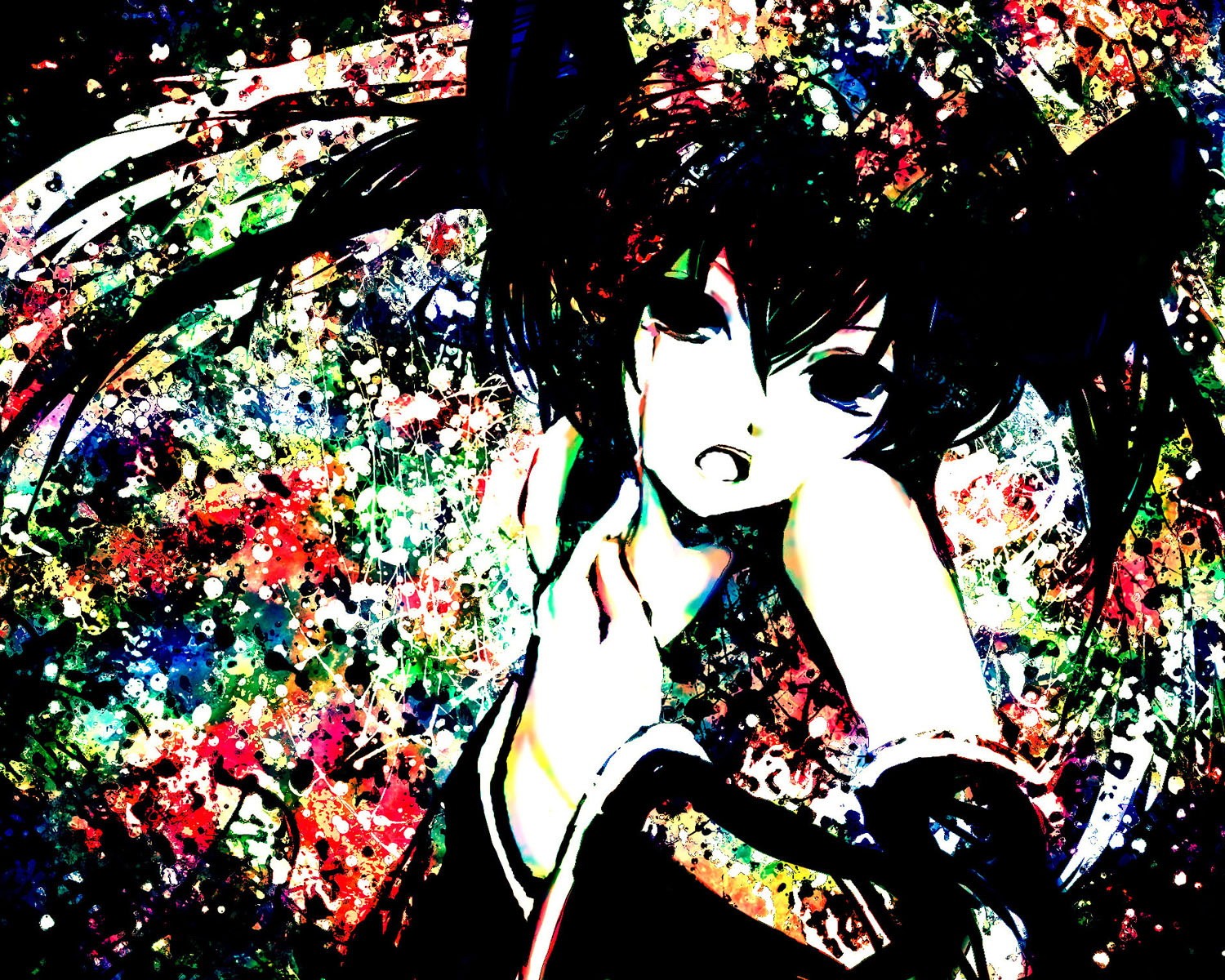 Black Rock Shooter Anime Girl with Colorful Splatter Background HD Wallpaper