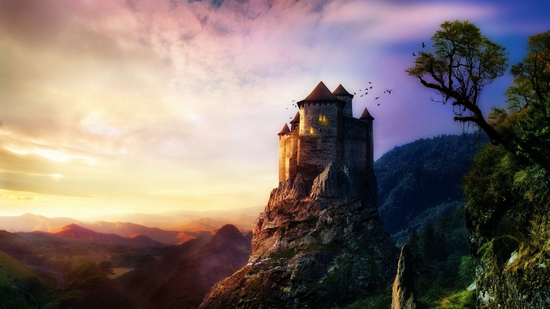Castle on a rocky cliff at sunset HD Wallpaper