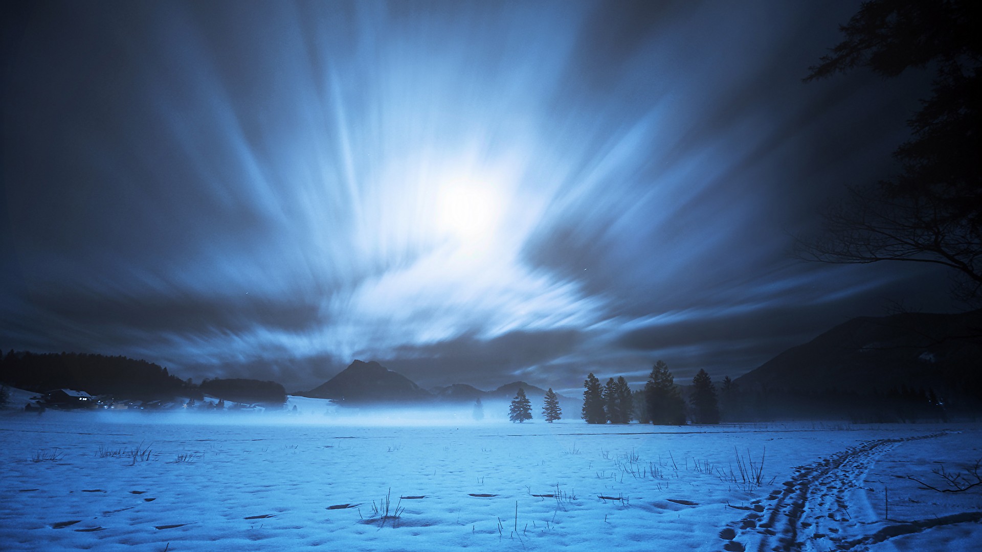 Long exposure night landscape with snow and moonlight HD Wallpaper