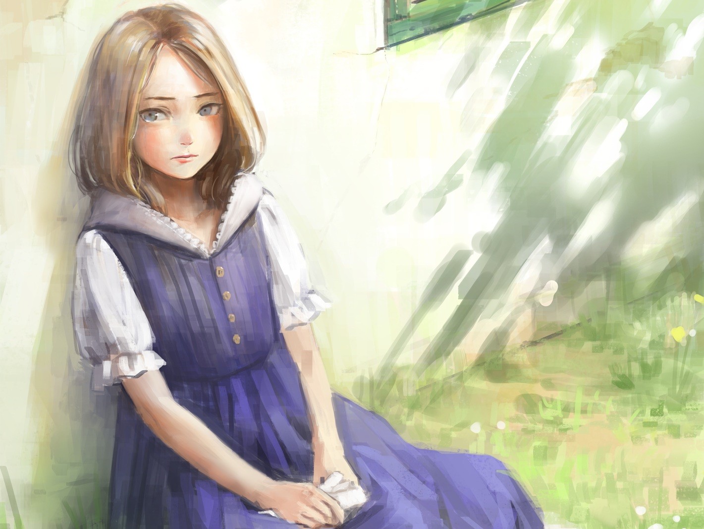 Girl in blue dress sitting by a wall HD Wallpaper