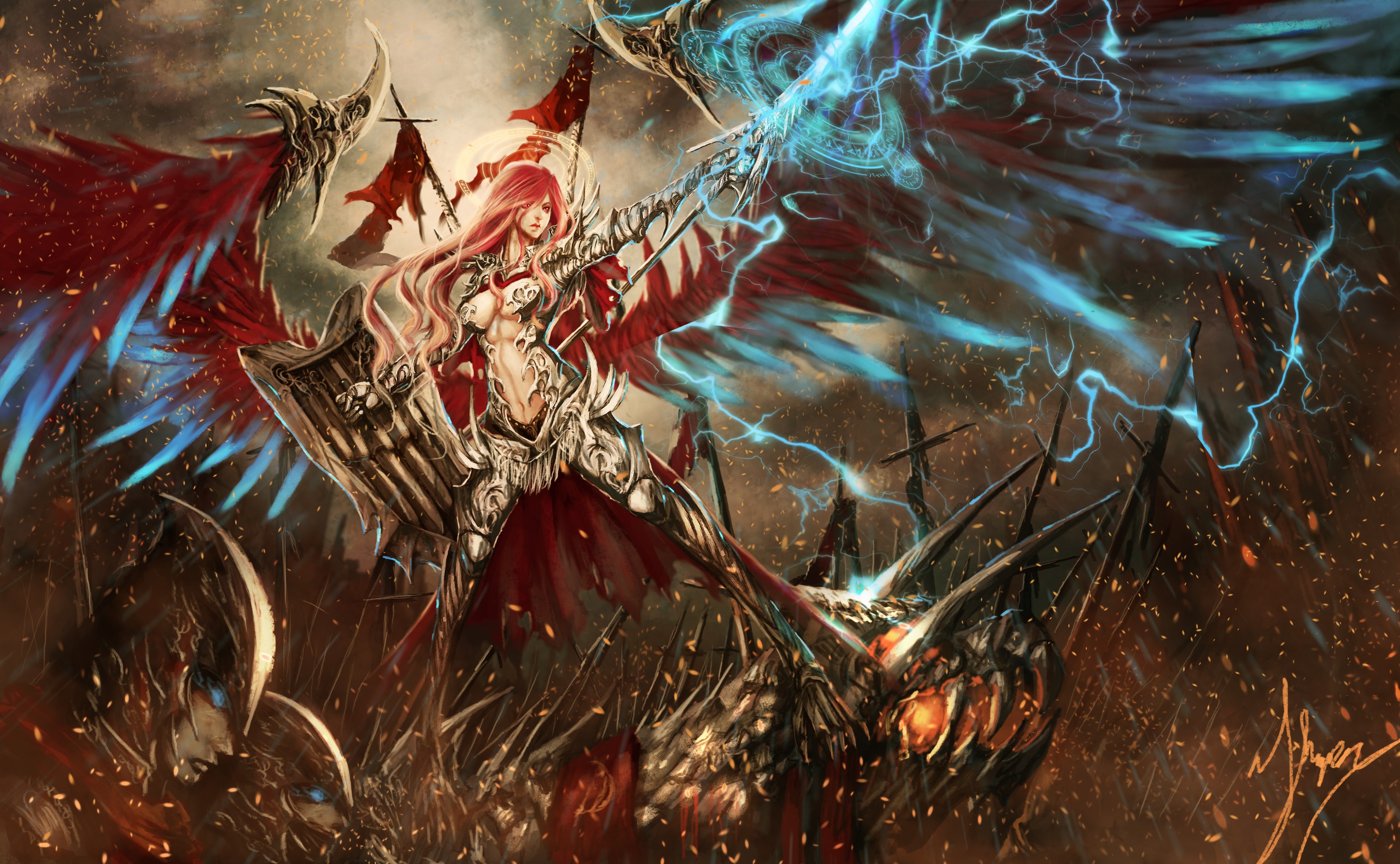 Fantasy warrior with red wings and armor HD Wallpaper