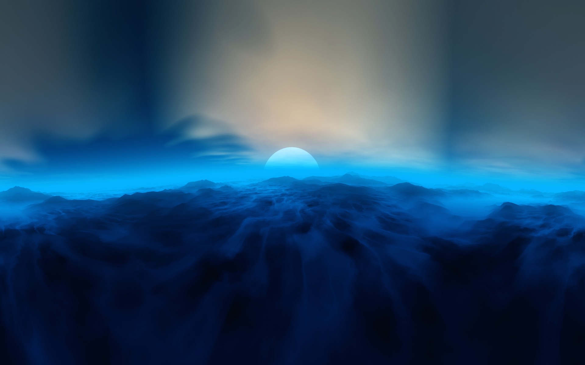 Surreal blue landscape with a glowing sun HD Wallpaper