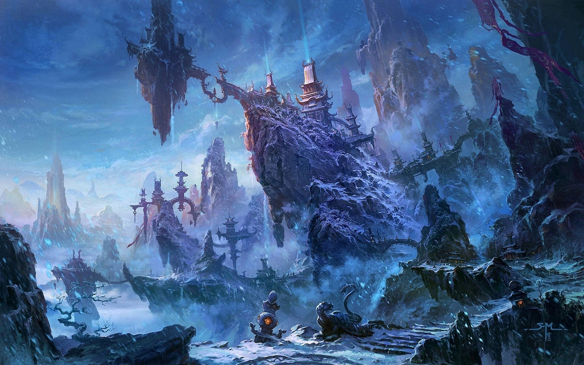 Fantasy art of a snowy mountain landscape with floating islands HD Wallpaper