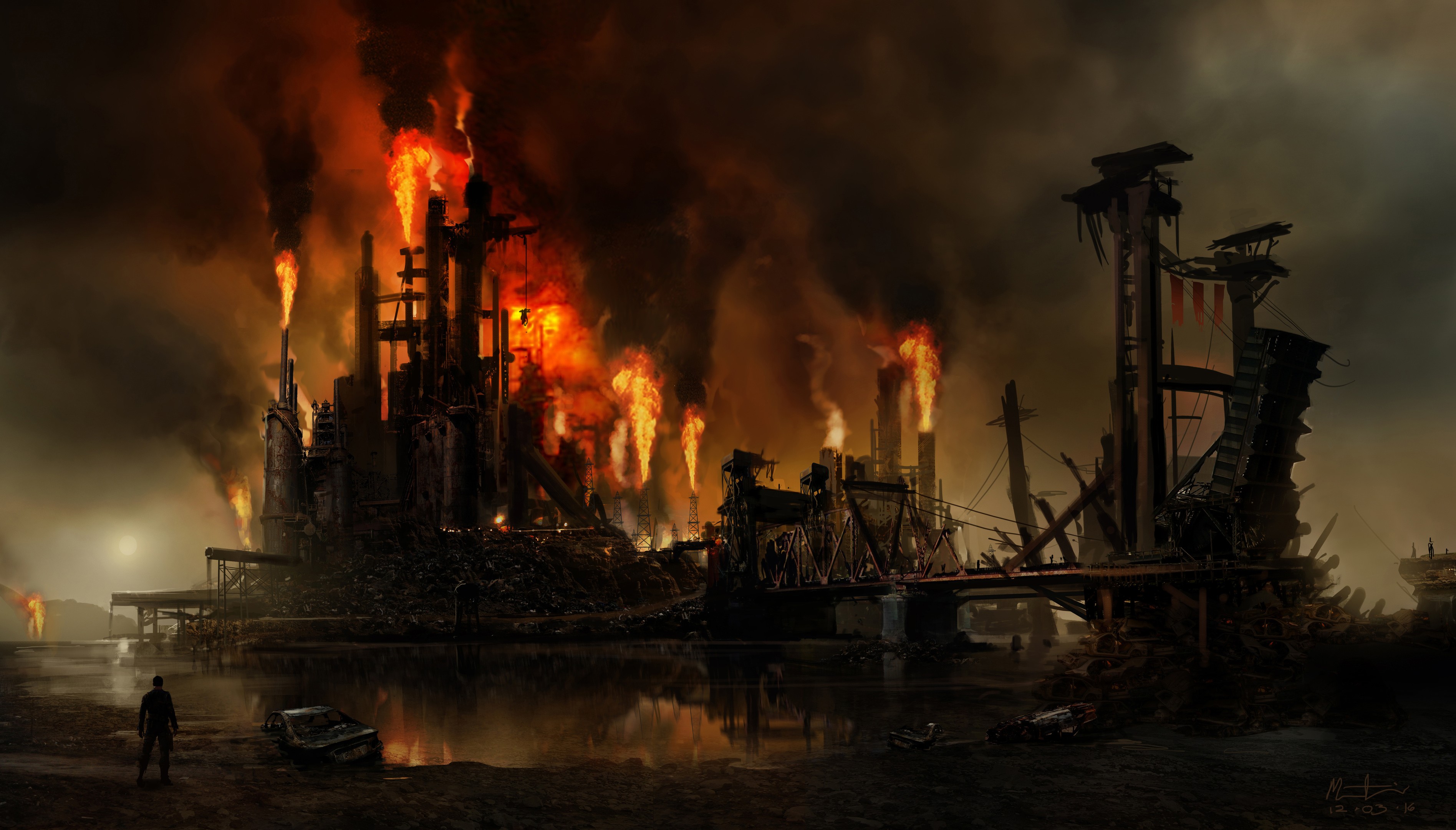 Mad Max industrial complex on fire HD Wallpaper