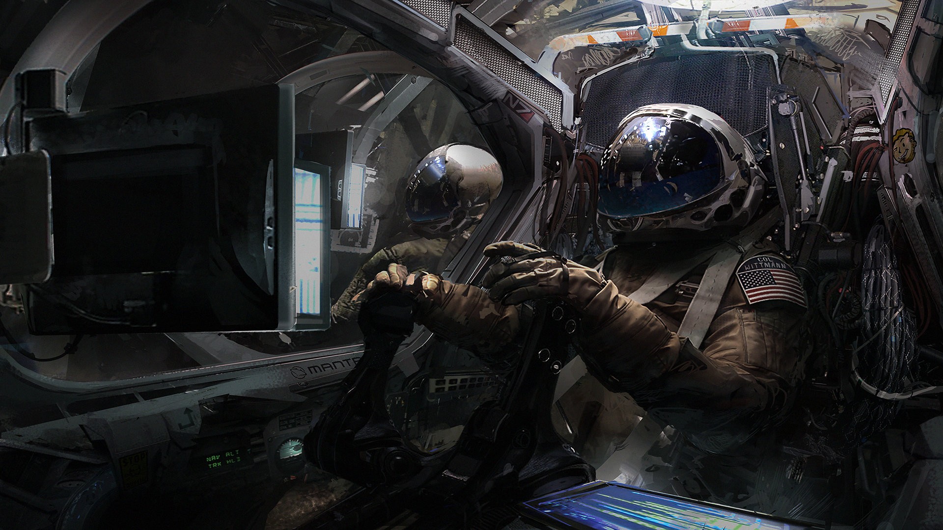 Astronauts in a spaceship cockpit HD Wallpaper