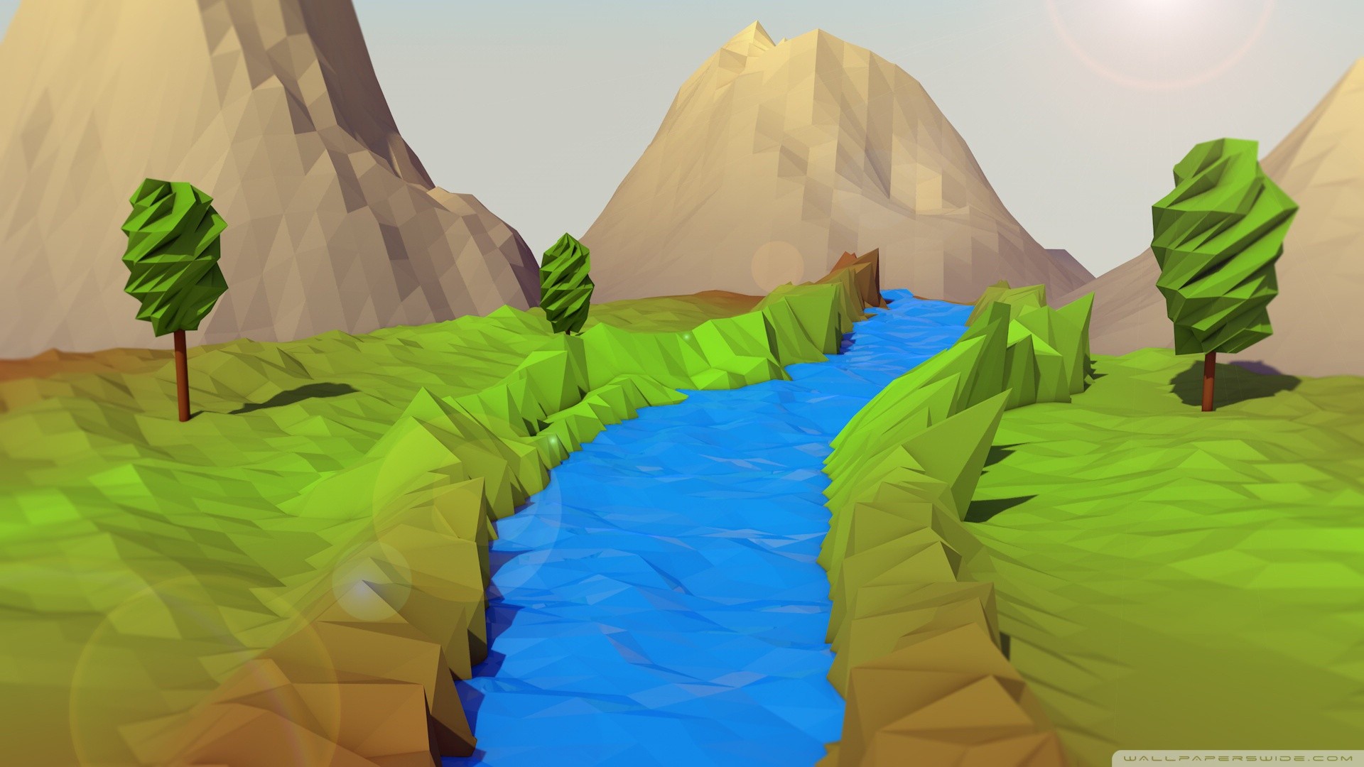 Low poly landscape with river and mountains HD Wallpaper