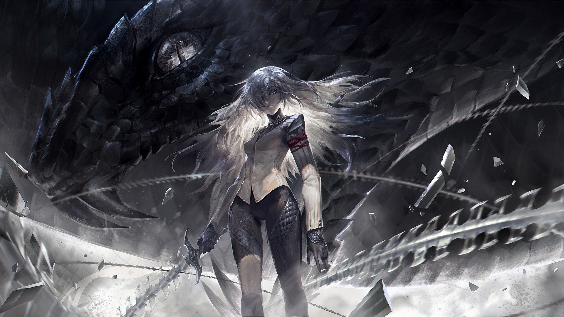Woman with white hair and sword near a dragon HD Wallpaper