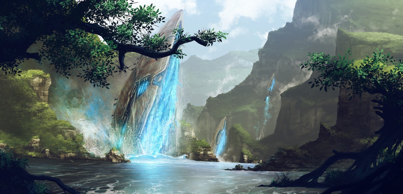 Fantasy art of a river flowing through a canyon with glowing crystals HD Wallpaper