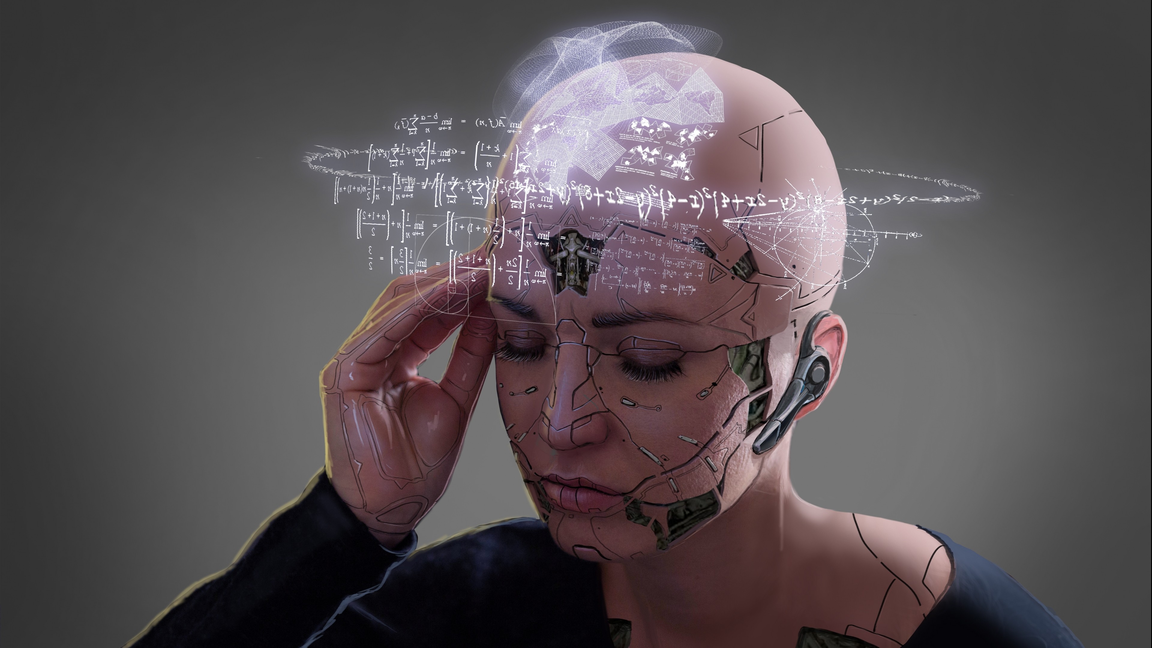 Android woman with mathematical equations in her head HD Wallpaper