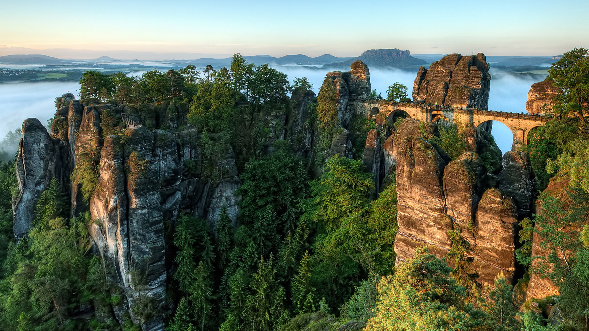 Bastei Bridge in Saxon Switzerland National Park at sunrise HD Wallpaper