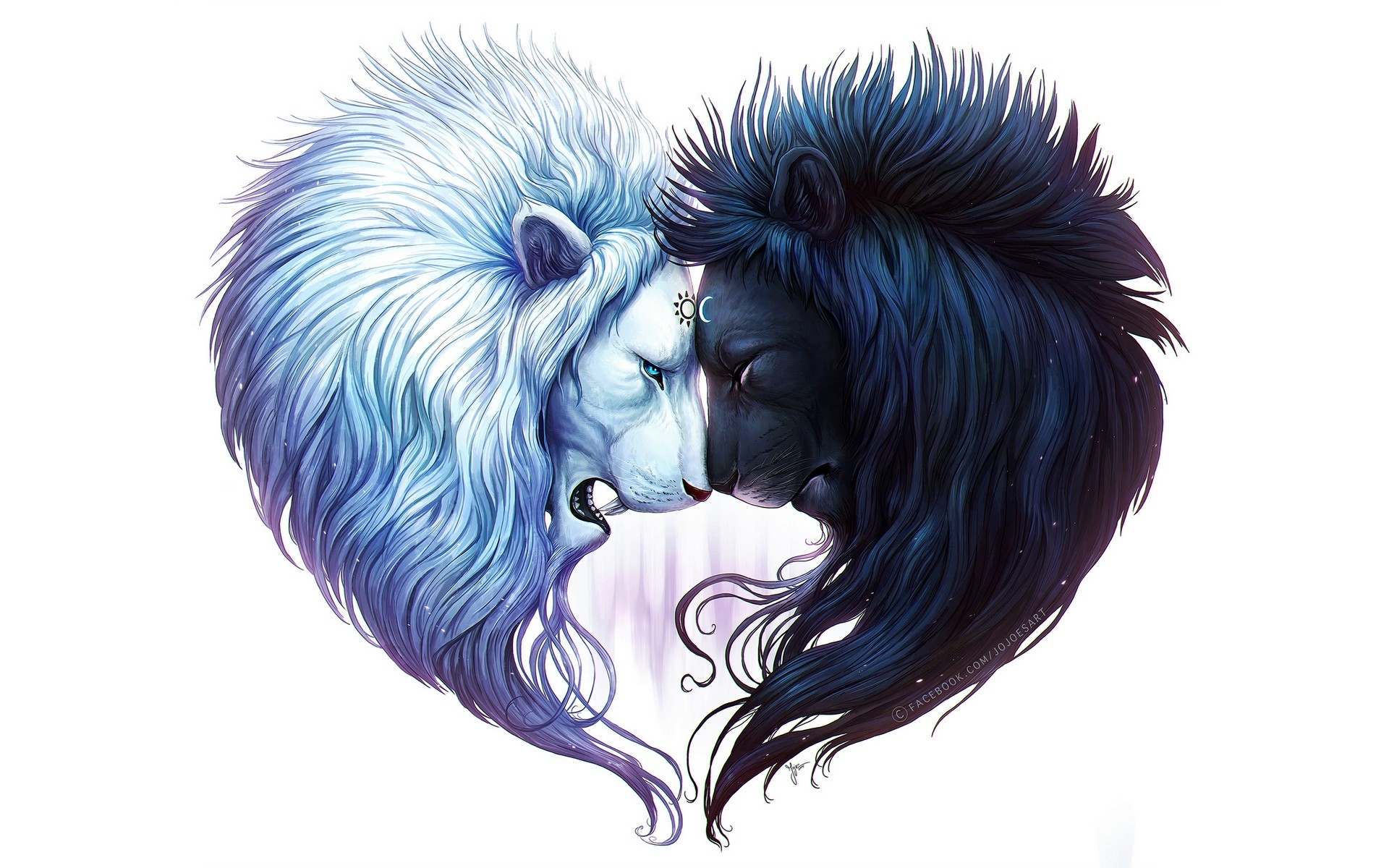 Two lions, one white and one black, forming a heart HD Wallpaper
