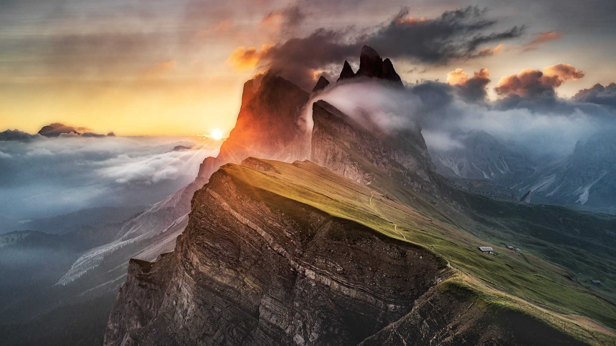 Sunrise over the Dolomites mountains with clouds HD Wallpaper