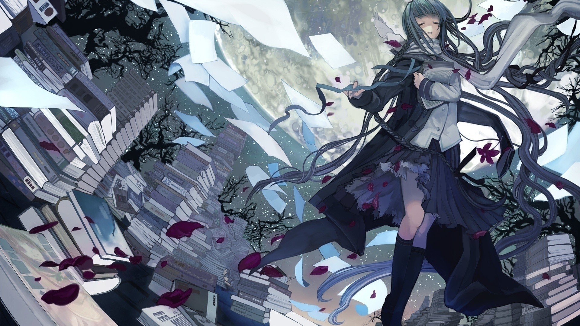 Bungaku Shoujo: Amano Tooko with Books and Moon HD Wallpaper