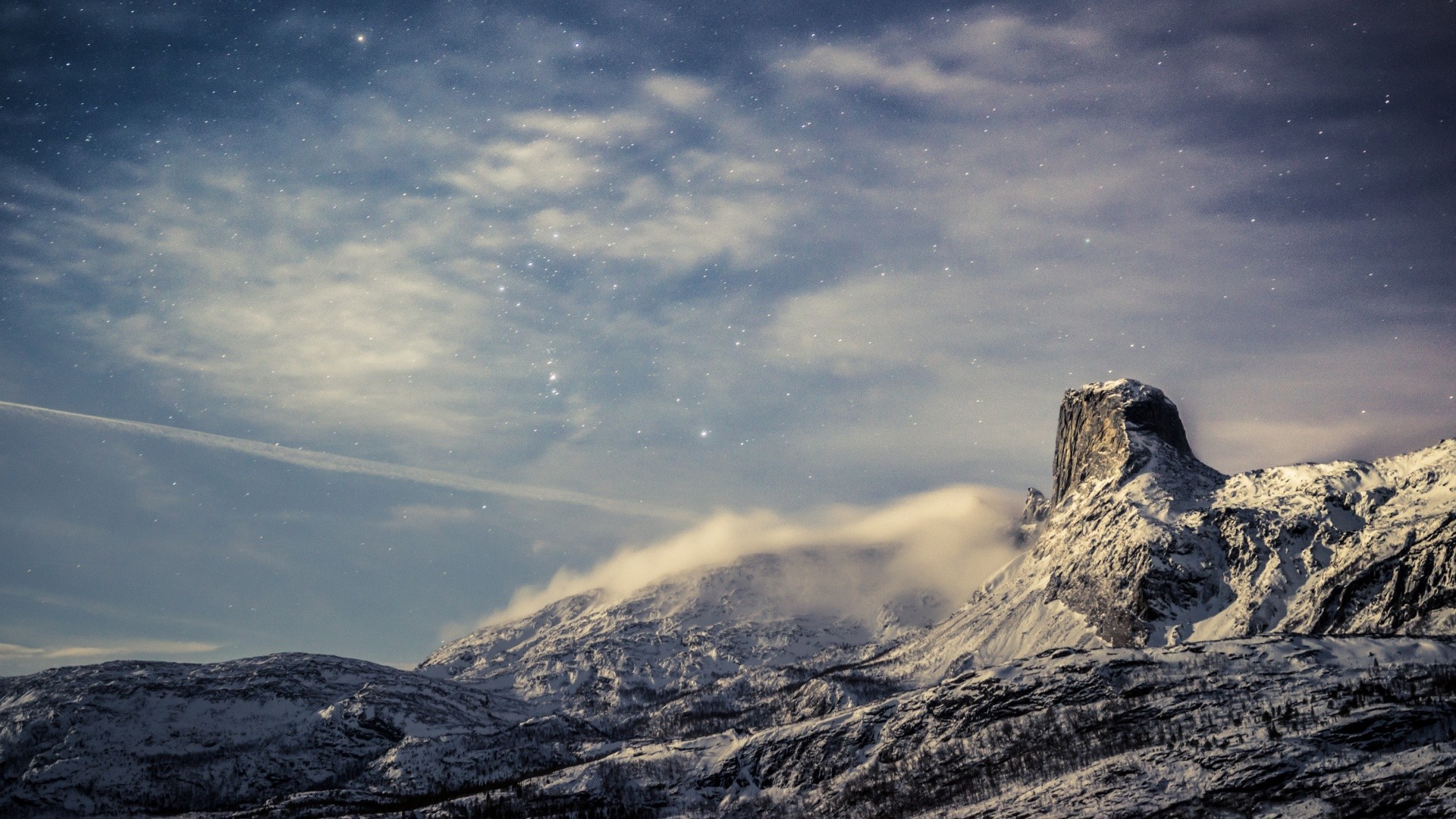 Snowy Mountains Under a Starry Night Sky HD Wallpaper