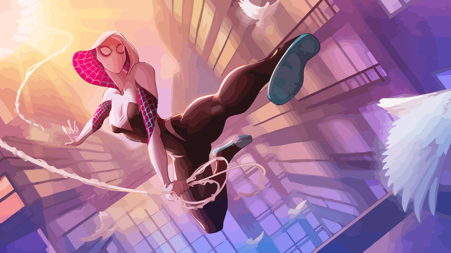 Spider-Gwen swinging through a city at sunset HD Wallpaper