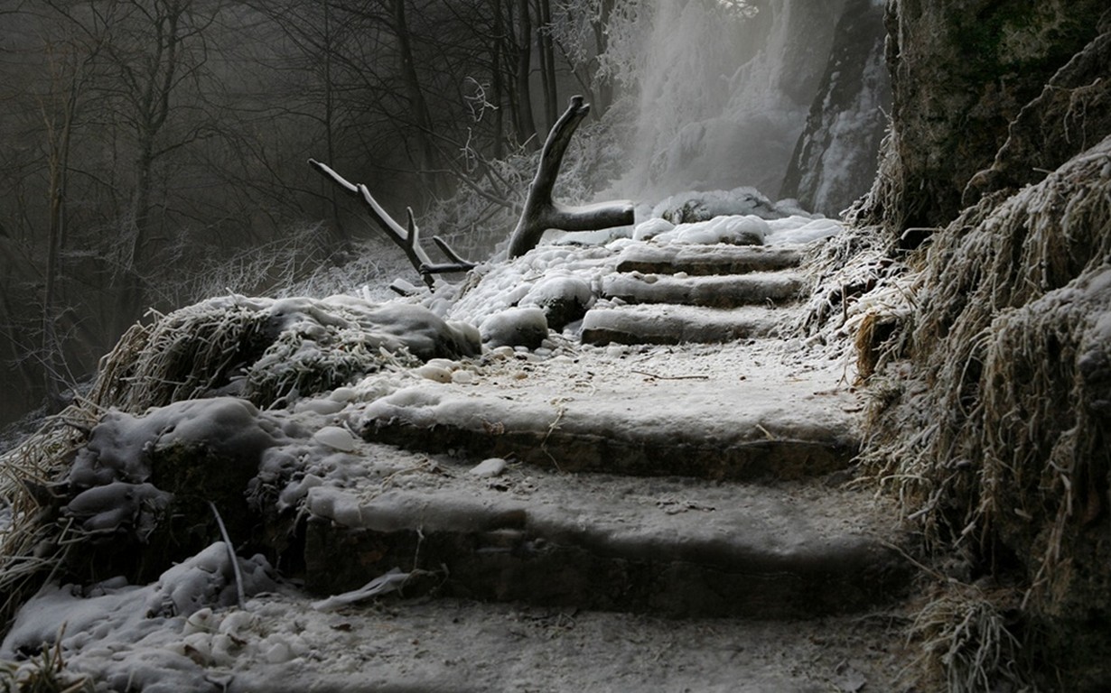 Frozen stairs near a waterfall in Germany HD Wallpaper