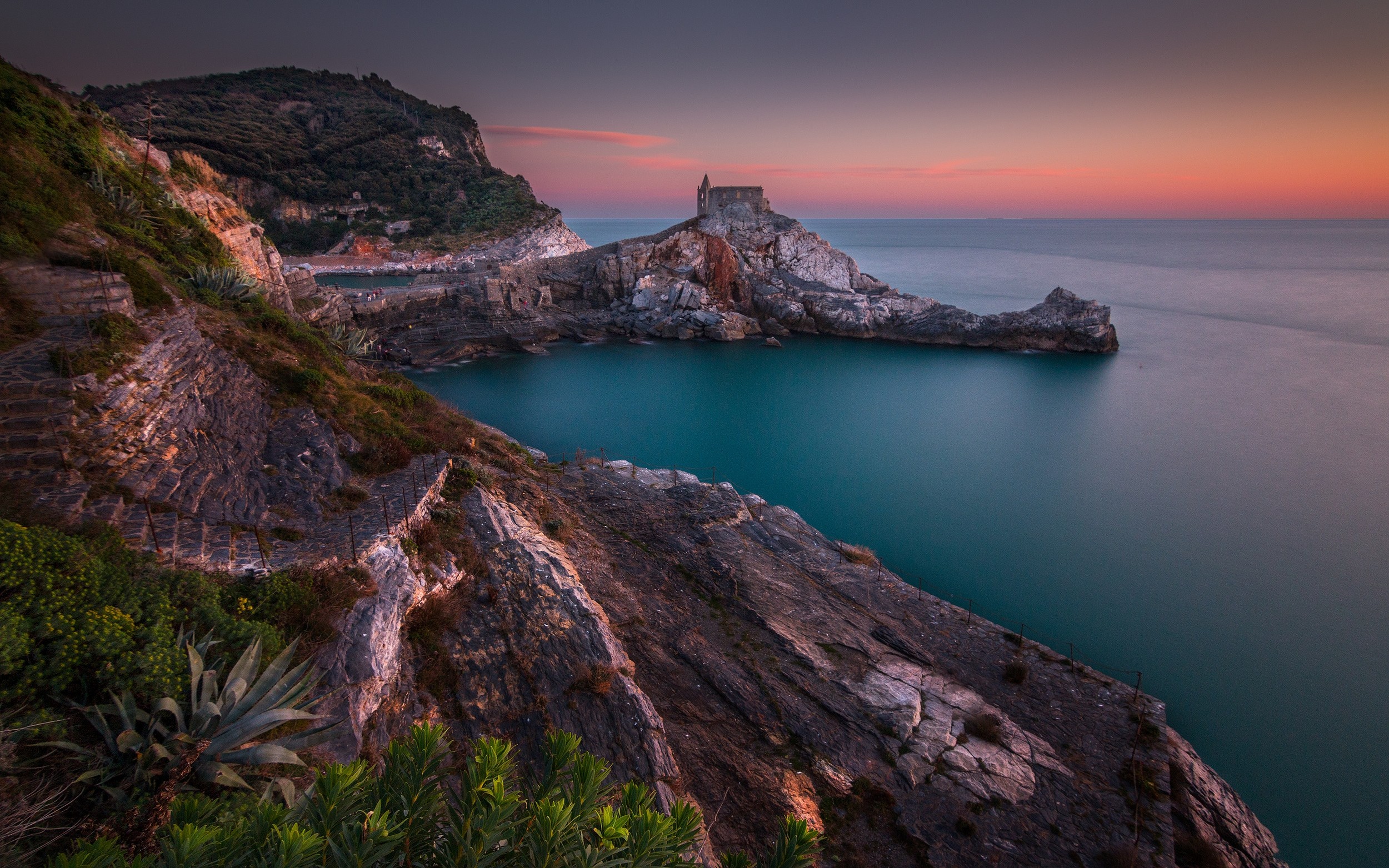 Church on a rocky coast in Italy at sunset HD Wallpaper