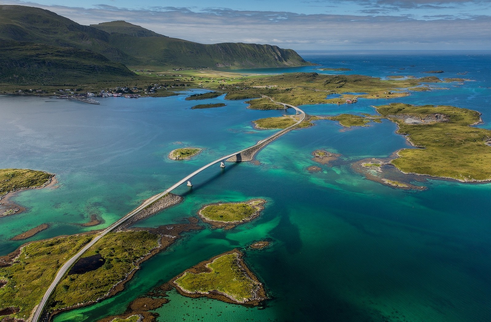 Bridge connecting islands in Norway with mountains HD Wallpaper
